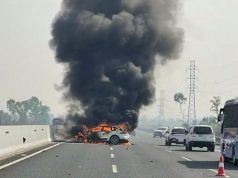 Xe ô tô bốc cháy dữ dội trên cao tốc Hà Nội – Hải Phòng